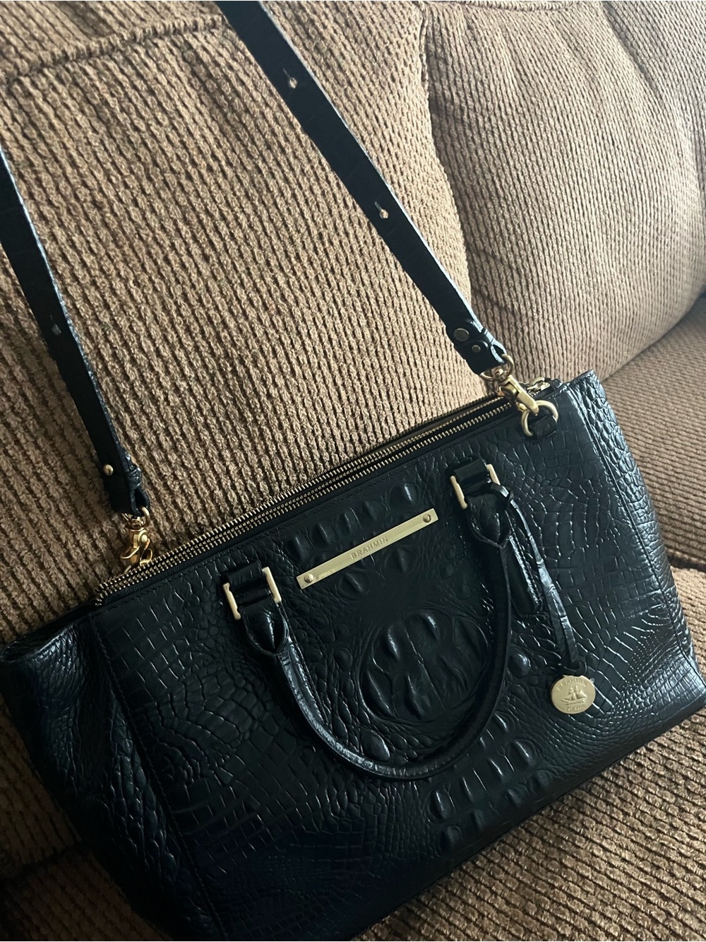 Brahmin Black Croc-Embossed Leather Satchel with Gold Hardware